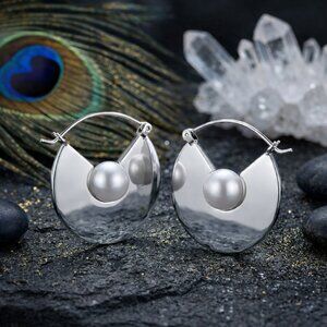 18K White Gold Plated Stainless Steel Faux Pearl Geometric Hoop Earrings